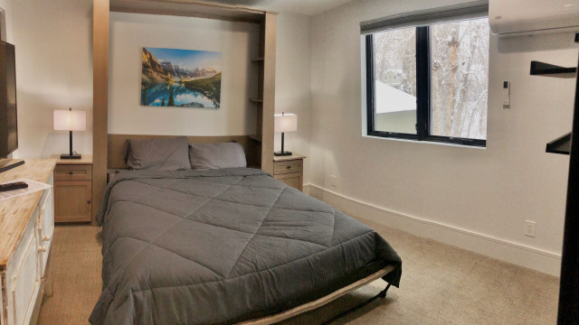 The Third Bedroom faces the private back yard. It has a Murphy Bed with plenty of room to leave it down if you're using it full time as a bedroom. Or leave it up to enjoy using it as a den or private workspace.